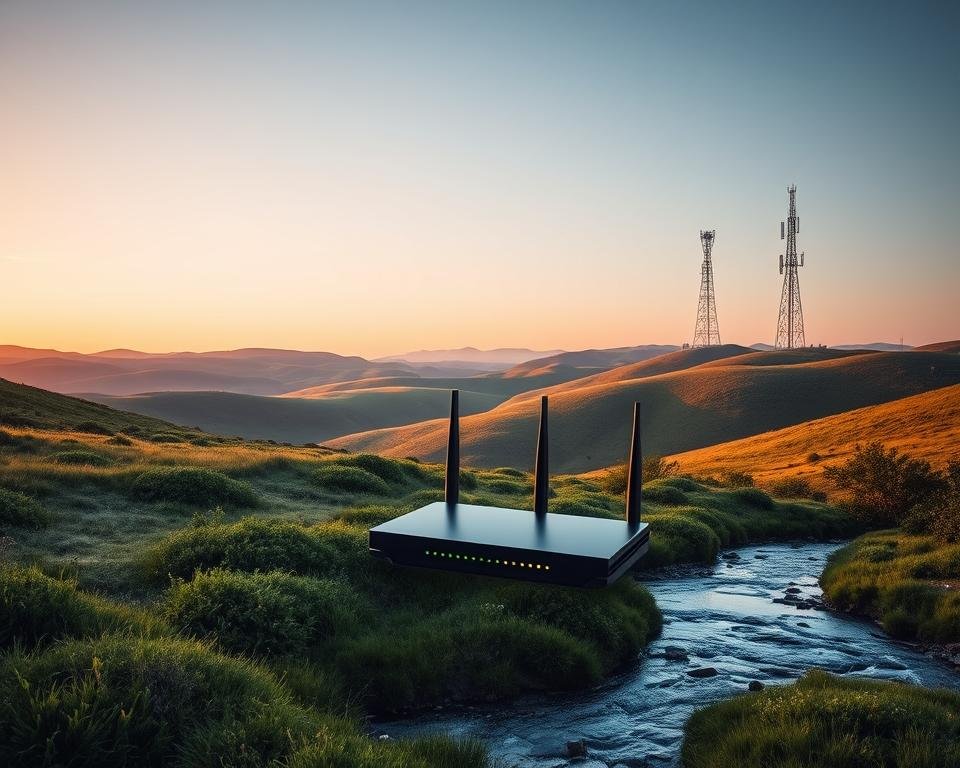 A serene landscape of rolling hills, bathed in a warm, soft glow of evening light. In the foreground, a crystal-clear stream winds its way through the lush, verdant vegetation, its waters reflecting the tranquil sky above. The middle ground features a sleek, modern modem or router, its status lights pulsing with a steady, rhythmic cadence, symbolizing the stable, reliable internet connection. In the distance, a towering cell tower stands tall, its antennas reaching skyward, ensuring a strong, uninterrupted signal. The overall scene conveys a sense of technical harmony, where nature and technology coexist in perfect synchronicity.