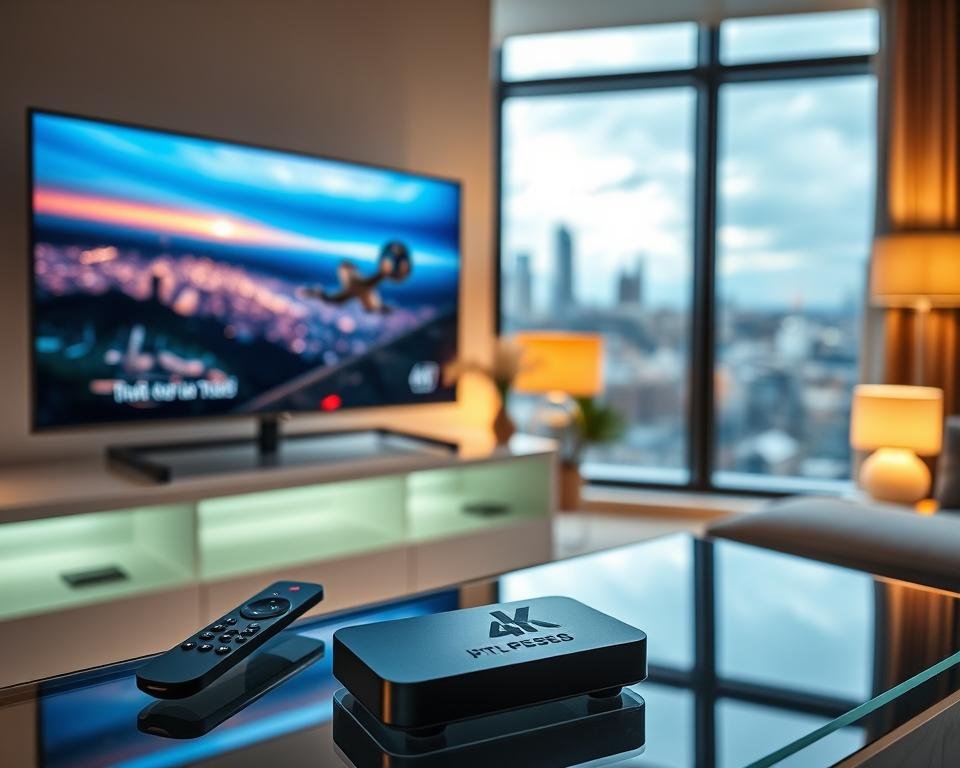 A sleek and modern 4K IPTV setup, with a high-end television displaying vibrant, ultra-high-definition content. In the foreground, a minimalist remote control and a compact streaming device sit atop a modern, glass-topped entertainment center. Soft, indirect lighting from tasteful lamps creates a warm, inviting atmosphere, while large windows in the background offer a glimpse of a picturesque urban skyline. The overall scene conveys the premium quality and advanced technology of the UK's top-tier IPTV services, ready to elevate the viewer's home entertainment experience.