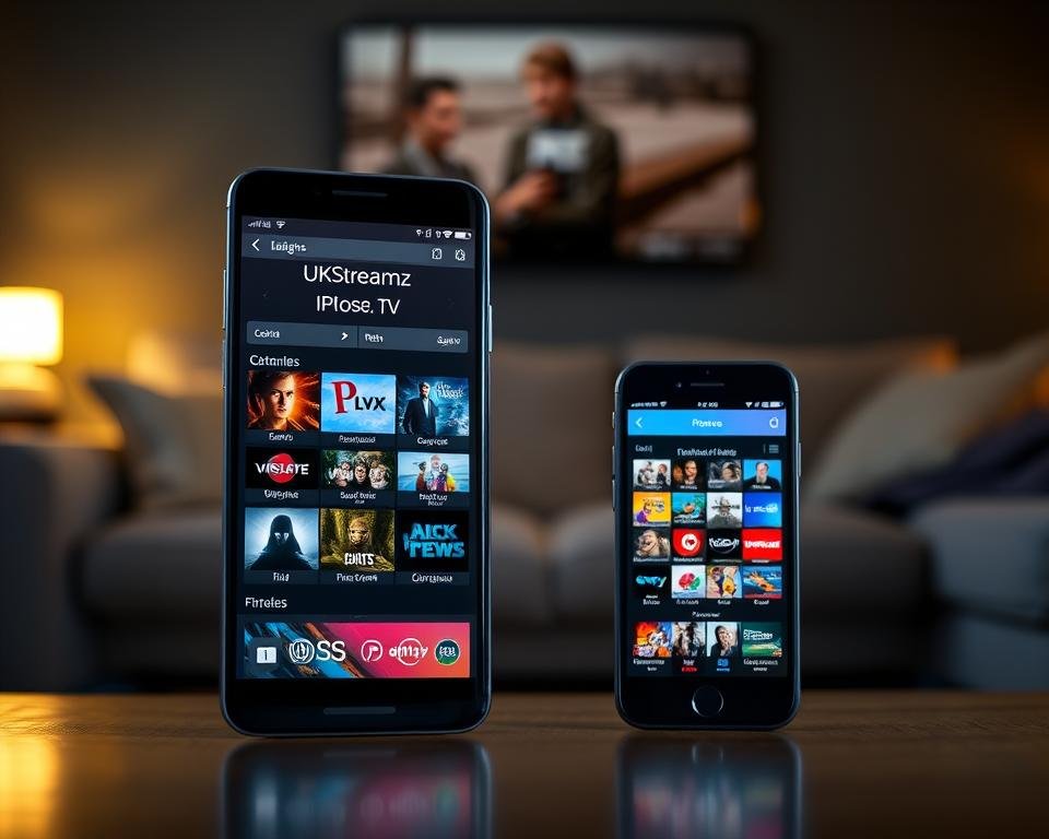 A sleek and modern Android smartphone and an iPhone displaying the UKStreamz IPTV service interface, set against a backdrop of a dimly lit living room. The screen of each device showcases a selection of IPTV channels, sharp and vibrant. Subtle ambient lighting casts a warm glow, creating a cozy, inviting atmosphere. The overall composition emphasizes the convenience and accessibility of UKStreamz IPTV for users on both Android and iOS platforms in the UK. A sleek and modern Android smartphone and an iPhone displaying the UKStreamz IPTV service interface, set against a backdrop of a dimly lit living room. The screen of each device showcases a selection of IPTV channels, sharp and vibrant. Subtle ambient lighting casts a warm glow, creating a cozy, inviting atmosphere. The overall composition emphasizes the convenience and accessibility of UKStreamz IPTV for users on both Android and iOS platforms in the UK.