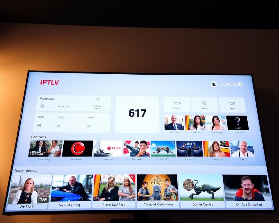 A sleek and modern IPTV service provider interface, showcasing a clean and intuitive dashboard. The foreground displays a range of popular UK TV channels available, with crisp, high-definition thumbnails. The middle ground features a minimalist menu system, allowing seamless navigation through a vast library of live and on-demand content. In the background, a subtle geometric pattern creates a sense of depth and professionalism. The overall mood is one of efficiency, accessibility, and a premium user experience tailored for UK viewers. Lighting is soft and balanced, with a slight warm tone, and the camera angle provides a clear, detailed overview of the service's key features.
