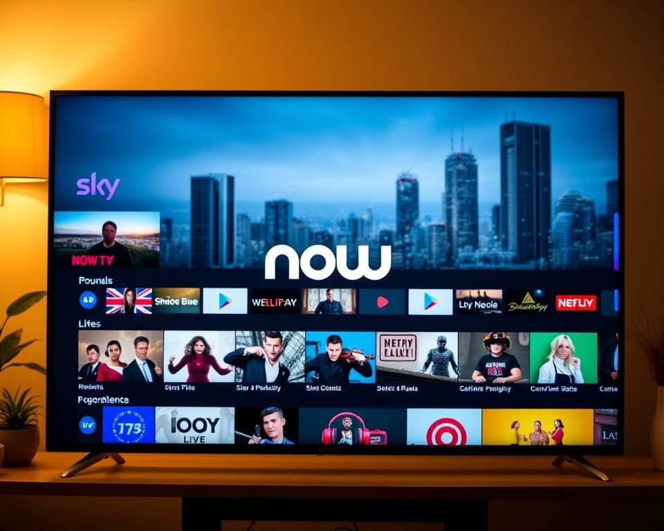 A sleek and modern IPTV streaming service interface, showcasing the NOW TV logo and brand elements prominently in the center. The screen displays a grid of popular TV shows, movies, and live channels available on the platform, with a clean and intuitive user experience. The background features a blurred cityscape, hinting at the urban, on-the-go nature of the service. Warm lighting creates a cozy, inviting atmosphere, and the camera angle is slightly elevated to give a sense of depth and professionalism. The overall impression is one of a cutting-edge, premium IPTV offering that provides easy access to a wide range of Sky's renowned content.