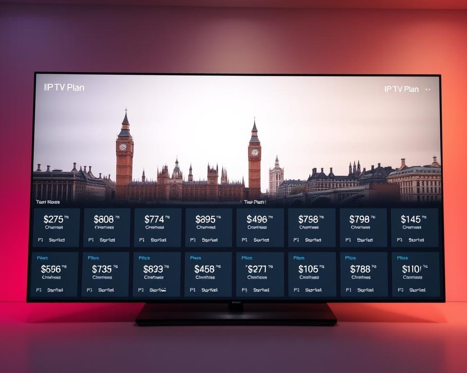 A sleek and modern IPTV subscription dashboard showcasing a range of UK TV plan options. The foreground features a clean grid layout with plan tiles, each highlighting key details like channel count, simultaneous streams, and pricing. The middle ground showcases a subtle hero image of iconic UK landmarks, conveying the breadth of content available. The background has a soft, gradient-based color scheme that creates a premium, high-tech feel. Minimal, elegant typography emphasizes the plans, with a focus on the most popular options. Cinematic lighting from the side adds depth and dimension, while a slightly high camera angle provides an aspirational perspective.