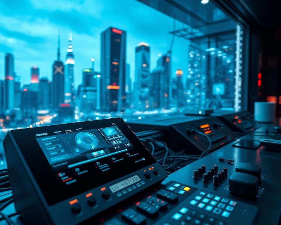 A sleek and modern IPTV system, with a high-tech control panel showcasing the latest advancements. In the foreground, a digital display illustrates IPTV's core functionality, explaining how it delivers multimedia content over the internet. The middle ground features a network of cables, servers, and devices, symbolizing the seamless integration of IPTV technology. In the background, a futuristic cityscape with towering skyscrapers and glowing holograms, hinting at the vast potential of IPTV in the digital age. The scene is bathed in a cool, blue-hued lighting, creating a sophisticated and technologically advanced atmosphere.