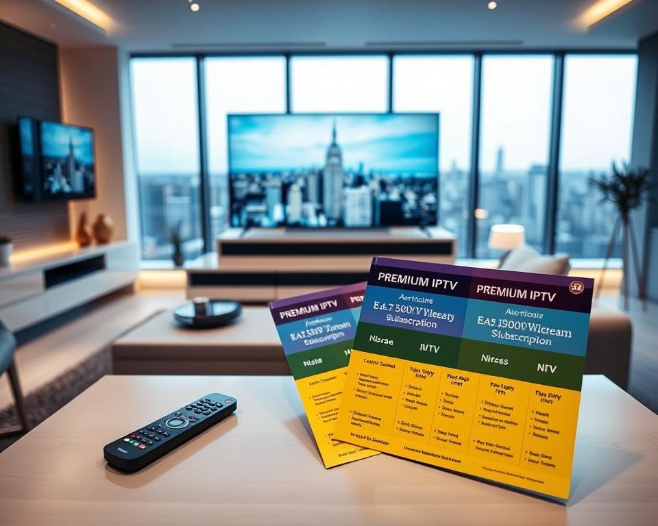 A sleek and modern interior with a large flatscreen TV mounted on the wall, showcasing various IPTV subscription packages available in the UK. The foreground features a minimalist coffee table with a remote control and a stack of premium IPTV service brochures, highlighting the different plans and pricing tiers. The middle ground displays a well-lit, contemporary living room setup with comfortable seating and subtle accent lighting, conveying a sense of premium, high-quality entertainment. The background features large windows overlooking a cityscape, suggesting an urban, cosmopolitan setting. The overall mood is one of sophistication, elegance, and the promise of an elevated streaming experience. A sleek and modern interior with a large flatscreen TV mounted on the wall, showcasing various IPTV subscription packages available in the UK. The foreground features a minimalist coffee table with a remote control and a stack of premium IPTV service brochures, highlighting the different plans and pricing tiers. The middle ground displays a well-lit, contemporary living room setup with comfortable seating and subtle accent lighting, conveying a sense of premium, high-quality entertainment. The background features large windows overlooking a cityscape, suggesting an urban, cosmopolitan setting. The overall mood is one of sophistication, elegance, and the promise of an elevated streaming experience.