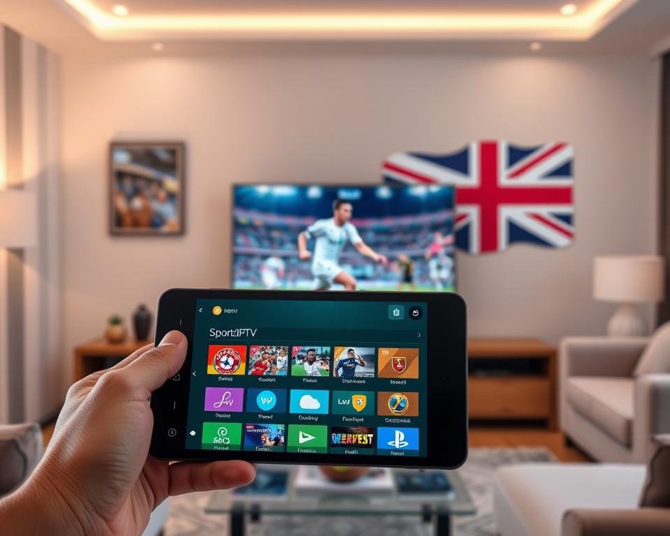 A sleek and modern sports-themed IPTV interface, showcasing a wide variety of live sports channels and on-demand content. In the foreground, a hand-held smart device displays the intuitive SportzIPTV app, with various sports icons and a clean, minimalist design. The middle ground features a living room setting, with a large flat-screen TV displaying a Premier League soccer match in high definition. The background subtly incorporates the Union Jack flag, alluding to the UK-centric nature of the service. Soft, warm lighting creates a cozy, inviting atmosphere, while the overall composition conveys the convenience and comprehensive sports streaming experience of SportzIPTV. A sleek and modern sports-themed IPTV interface, showcasing a wide variety of live sports channels and on-demand content. In the foreground, a hand-held smart device displays the intuitive SportzIPTV app, with various sports icons and a clean, minimalist design. The middle ground features a living room setting, with a large flat-screen TV displaying a Premier League soccer match in high definition. The background subtly incorporates the Union Jack flag, alluding to the UK-centric nature of the service. Soft, warm lighting creates a cozy, inviting atmosphere, while the overall composition conveys the convenience and comprehensive sports streaming experience of SportzIPTV.