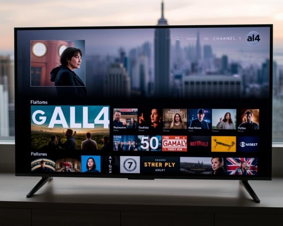 A sleek and modern streaming service interface showcasing the diverse content of All4 from Channel 4. The foreground features a clean, minimalist design with a large hero image highlighting a captivating program. The middle ground displays a grid of thumbnails representing the breadth of shows, documentaries, and films available. In the background, a soft, out-of-focus cityscape hints at the service's availability across devices and platforms. The overall atmosphere conveys a sense of sophistication, accessibility, and the promise of engaging, high-quality entertainment for every viewer.