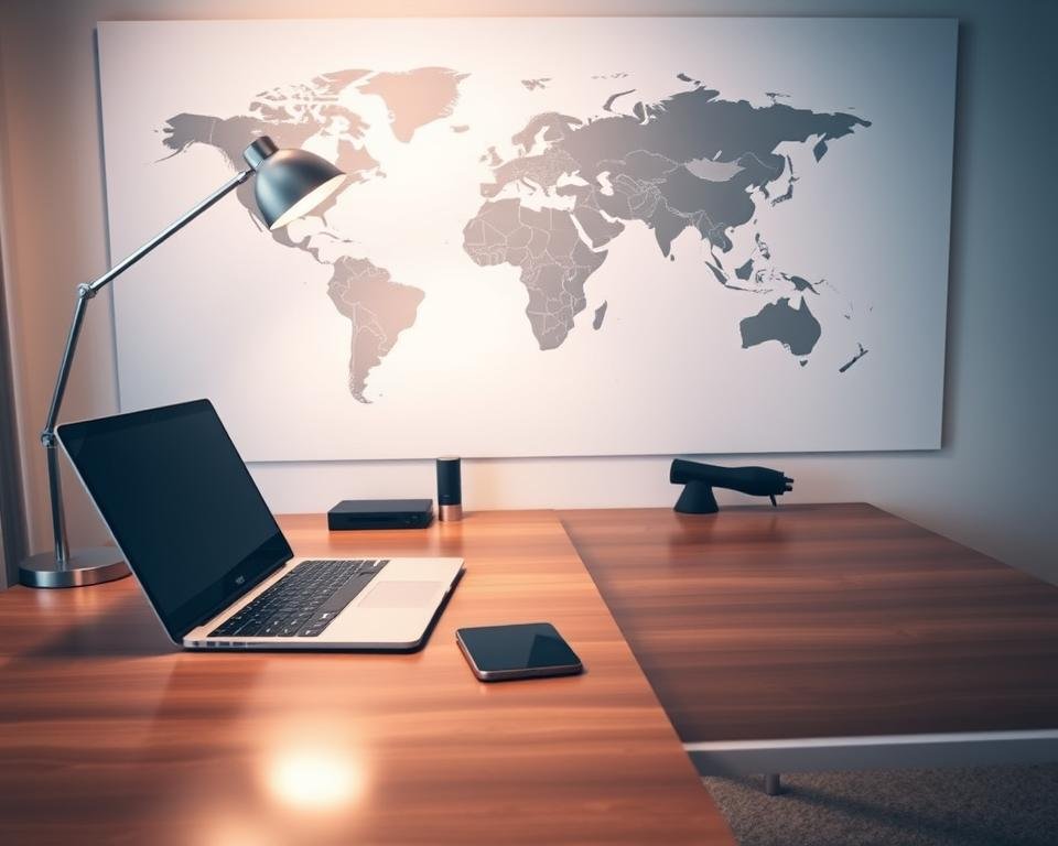 A sleek, contemporary home office setup with a laptop, tablet, and smartphone prominently displayed. The desk is made of polished wood, with a minimalist lamp and a few organizational items. The background features a large, stylized world map, hinting at the global nature of IPTV services. Soft, directional lighting creates a warm, professional atmosphere, while the overall composition suggests a step-by-step process for IPTV activation in the UK.