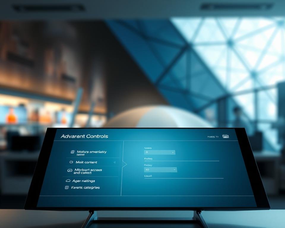 A sleek, futuristic interface showcasing advanced parental controls for an IPTV service. In the foreground, a high-resolution touchscreen display presents intuitive settings for monitoring and restricting access to content based on age ratings and categories. The middle ground features a clean, minimalist design with subtle gradients and smooth lines, conveying a sense of sophistication and control. In the background, a blurred cityscape or abstract geometric pattern provides a dynamic, technology-inspired backdrop, highlighting the cutting-edge nature of the IPTV system. The lighting is soft and directional, creating depth and accentuating the display's clarity. The camera angle is slightly elevated, giving the viewer a sense of authority and oversight over the parental control features. A sleek, futuristic interface showcasing advanced parental controls for an IPTV service. In the foreground, a high-resolution touchscreen display presents intuitive settings for monitoring and restricting access to content based on age ratings and categories. The middle ground features a clean, minimalist design with subtle gradients and smooth lines, conveying a sense of sophistication and control. In the background, a blurred cityscape or abstract geometric pattern provides a dynamic, technology-inspired backdrop, highlighting the cutting-edge nature of the IPTV system. The lighting is soft and directional, creating depth and accentuating the display's clarity. The camera angle is slightly elevated, giving the viewer a sense of authority and oversight over the parental control features.