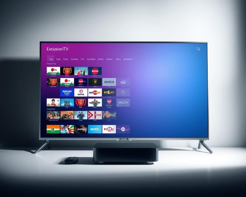 A sleek, high-definition television screen dominates the foreground, its crystal-clear display showcasing an array of vibrant, exclusive TV channels. The screen is surrounded by a minimalist, metallic frame that exudes a premium, futuristic aesthetic. In the middle ground, a sophisticated IPTV set-top box stands ready, its smooth, glossy surface hinting at the advanced technology within. The background is a serene, monochromatic environment, allowing the television and set-top box to take center stage and command attention. Dramatic lighting casts subtle shadows, accentuating the depth and dimension of the scene. The overall atmosphere is one of sophistication, exclusivity, and the promise of an exceptional viewing experience. A sleek, high-definition television screen dominates the foreground, its crystal-clear display showcasing an array of vibrant, exclusive TV channels. The screen is surrounded by a minimalist, metallic frame that exudes a premium, futuristic aesthetic. In the middle ground, a sophisticated IPTV set-top box stands ready, its smooth, glossy surface hinting at the advanced technology within. The background is a serene, monochromatic environment, allowing the television and set-top box to take center stage and command attention. Dramatic lighting casts subtle shadows, accentuating the depth and dimension of the scene. The overall atmosphere is one of sophistication, exclusivity, and the promise of an exceptional viewing experience.