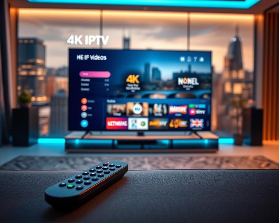 A sleek, high-tech 4K media center display showcasing the UI of a premium UK IPTV service. In the foreground, a minimalist remote control and a modern smart TV set. The middle ground features the IPTV service's intuitive interface, highlighting 4K video quality, an extensive channel lineup, and seamless streaming capabilities. The background has a blurred city skyline, conveying the service's urban sophistication and global connectivity. The lighting is warm and inviting, with subtle blue accents evoking a premium, futuristic aesthetic. Captured with a wide-angle lens to emphasize the display's scale and cinematic impact.