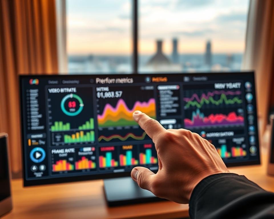 A sleek, high-tech control panel displays real-time streaming performance metrics. Vibrant, colorful graphs and charts illustrate video bitrate, frame rate, resolution, and other crucial data. In the foreground, a hand gestures towards the panel, inviting the viewer to analyze the insights. The background features a softly blurred cityscape, hinting at the broader context of home entertainment and media consumption. Warm, directional lighting casts a professional, authoritative atmosphere, while a slight depth of field focuses the eye on the analytical information. The overall scene conveys a sense of technological sophistication and data-driven decision making for optimizing streaming quality. A sleek, high-tech control panel displays real-time streaming performance metrics. Vibrant, colorful graphs and charts illustrate video bitrate, frame rate, resolution, and other crucial data. In the foreground, a hand gestures towards the panel, inviting the viewer to analyze the insights. The background features a softly blurred cityscape, hinting at the broader context of home entertainment and media consumption. Warm, directional lighting casts a professional, authoritative atmosphere, while a slight depth of field focuses the eye on the analytical information. The overall scene conveys a sense of technological sophistication and data-driven decision making for optimizing streaming quality.