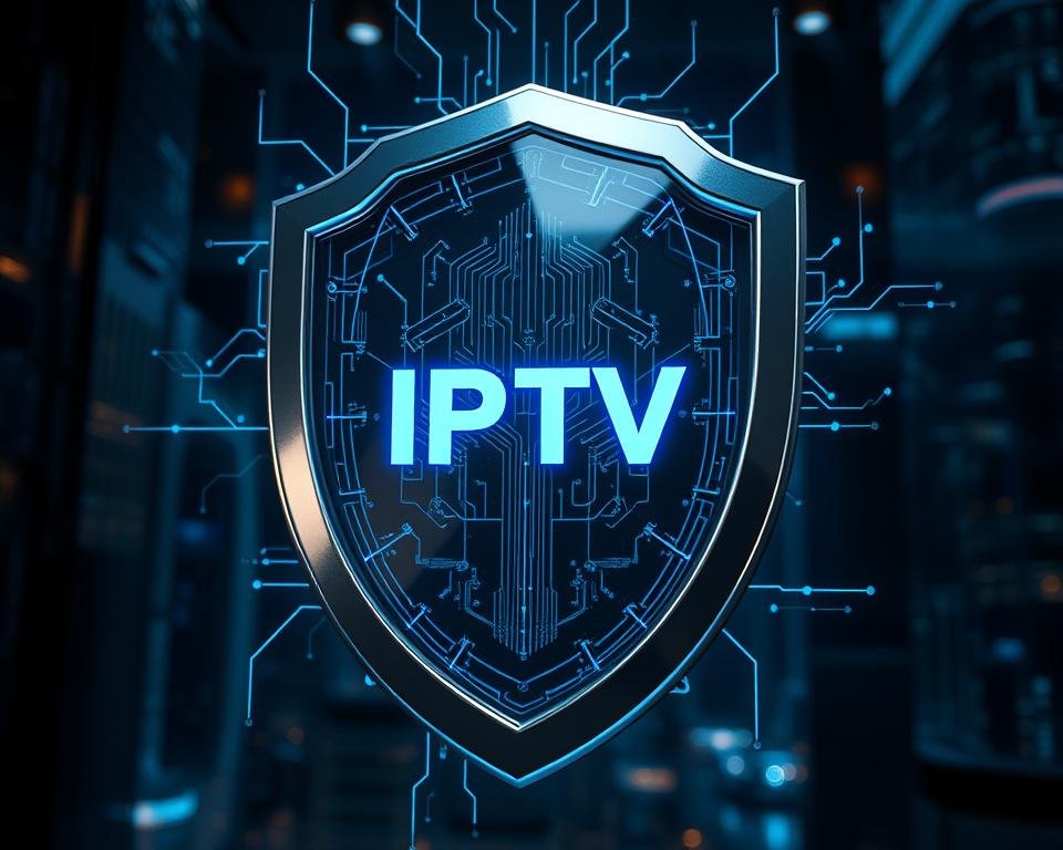 A sleek, high-tech security shield made of gleaming metal and glass, emblazoned with the IPTV logo. The shield hovers in a dimly lit, futuristic setting, casting a soft blue glow. Intricate circuitry and data streams flicker across the surface, conveying the advanced, impenetrable nature of the security system. The shield is positioned prominently in the foreground, with a backdrop of towering skyscrapers and a futuristic cityscape, suggesting the robust protection it offers for IPTV services. The composition creates a sense of power, security, and technological sophistication. A sleek, high-tech security shield made of gleaming metal and glass, emblazoned with the IPTV logo. The shield hovers in a dimly lit, futuristic setting, casting a soft blue glow. Intricate circuitry and data streams flicker across the surface, conveying the advanced, impenetrable nature of the security system. The shield is positioned prominently in the foreground, with a backdrop of towering skyscrapers and a futuristic cityscape, suggesting the robust protection it offers for IPTV services. The composition creates a sense of power, security, and technological sophistication.
