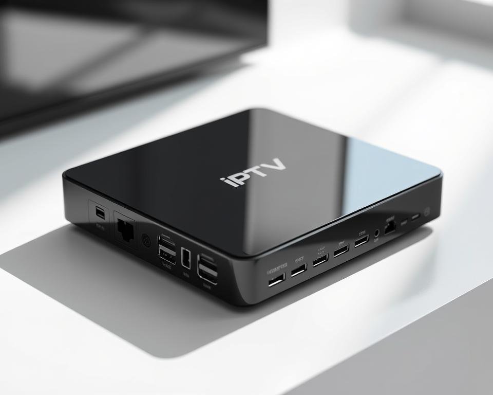 A sleek, modern IPTV device prominently displayed on a minimalist white background. The device has a glossy black casing with sharp edges, accentuating its premium design. Crisp, high-resolution rendering showcases the device's various ports and connections, highlighting its compatibility with a wide range of entertainment systems. Soft, directional lighting casts subtle shadows, creating depth and emphasizing the device's clean, contemporary aesthetic. The background is subtly blurred, keeping the focus on the central IPTV device and its technical capabilities.