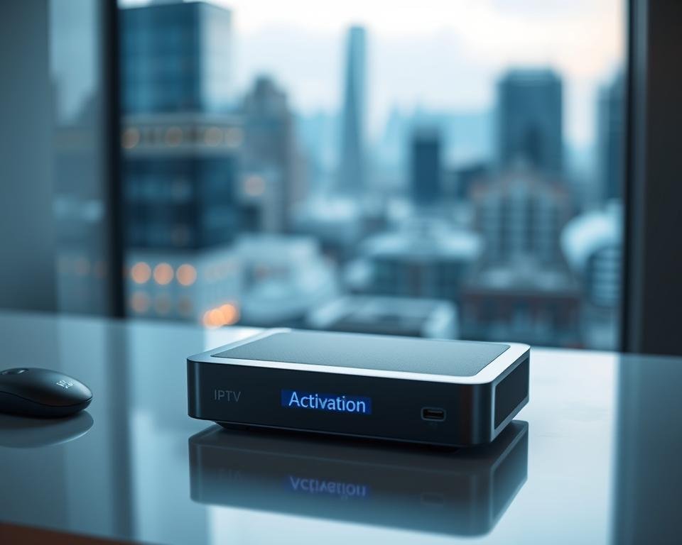 A sleek, modern IPTV device sitting on a clean, minimalist desk, bathed in soft, diffused lighting. The device's interface showcases a vibrant, intuitive menu system with a clear "Activation" option, hinting at the ease of setup and access to instant IPTV content in the UK. The background features a blurred cityscape, suggesting the global connectivity and convenience of IPTV technology. The overall scene conveys a sense of efficiency, simplicity, and the power of on-demand entertainment at one's fingertips.