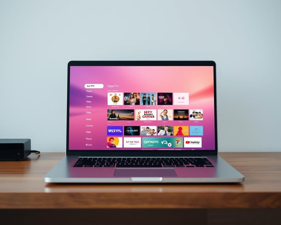 A sleek, modern IPTV service interface displayed on a minimalist laptop screen, with a clean user interface showcasing a grid of various streaming content options. The screen is bathed in a warm, inviting glow, creating a cozy and inviting atmosphere. The overall design is elegant, visually appealing, and reflects the high-quality nature of the IPTV service being offered. The laptop is positioned on a wooden desk, with a simple, uncluttered background that allows the interface to be the focal point. The lighting is soft and natural, creating a sense of professionalism and attention to detail. The image conveys the reliability, user-friendliness, and premium quality of the IPTV service.