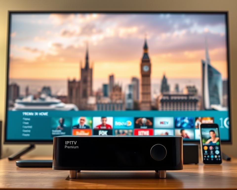 A sleek, modern IPTV service with a clean, intuitive interface. In the foreground, a streaming device or smart TV displays a selection of premium channels and on-demand content. The middle ground showcases a variety of devices, from set-top boxes to mobile phones, highlighting the service's cross-platform compatibility. The background features a cityscape, representing the UK's vibrant digital landscape. The lighting is soft and warm, conveying a sense of comfort and convenience. The overall composition emphasizes the seamless integration of IPTV technology into the modern home and on-the-go lifestyles. A sleek, modern IPTV service with a clean, intuitive interface. In the foreground, a streaming device or smart TV displays a selection of premium channels and on-demand content. The middle ground showcases a variety of devices, from set-top boxes to mobile phones, highlighting the service's cross-platform compatibility. The background features a cityscape, representing the UK's vibrant digital landscape. The lighting is soft and warm, conveying a sense of comfort and convenience. The overall composition emphasizes the seamless integration of IPTV technology into the modern home and on-the-go lifestyles.