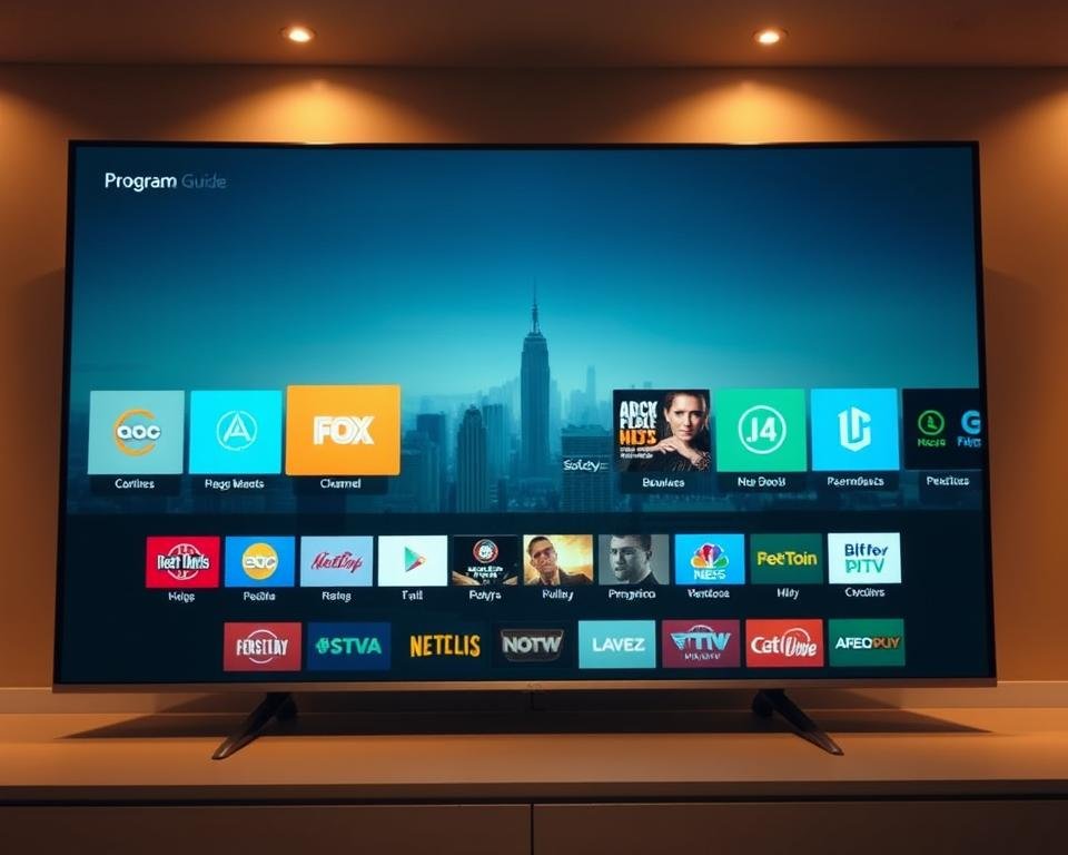 A sleek, modern IPTV user interface with a clean, minimalist design. The main screen features a grid of high-definition channel logos, each displayed in crisp, vibrant colors. In the middle ground, a prominent program guide shows the current and upcoming shows, with intuitive controls for navigation. The background showcases a subtle, soft-focus cityscape, hinting at the global reach of the IPTV service. The lighting is warm and inviting, creating a sense of comfort and ease of use. The camera angle is slightly elevated, providing an overview of the interface's elegant layout and thoughtful user experience.