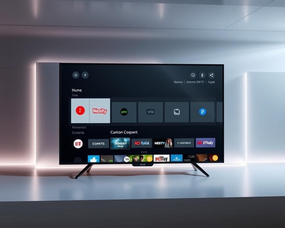A sleek, modern UI interface showcasing the Xtreme HD IPTV experience. In the foreground, a central display panel with a clean, minimalist design featuring channel logos, program information, and intuitive controls. The middle ground features a grid of thumbnails highlighting various live and on-demand content options. The background has a sophisticated, high-tech aesthetic with subtle lighting effects and a subtle gradient or abstract pattern that complements the overall branding. The entire scene conveys a sense of premium quality, cutting-edge technology, and an immersive home entertainment experience. A sleek, modern UI interface showcasing the Xtreme HD IPTV experience. In the foreground, a central display panel with a clean, minimalist design featuring channel logos, program information, and intuitive controls. The middle ground features a grid of thumbnails highlighting various live and on-demand content options. The background has a sophisticated, high-tech aesthetic with subtle lighting effects and a subtle gradient or abstract pattern that complements the overall branding. The entire scene conveys a sense of premium quality, cutting-edge technology, and an immersive home entertainment experience.