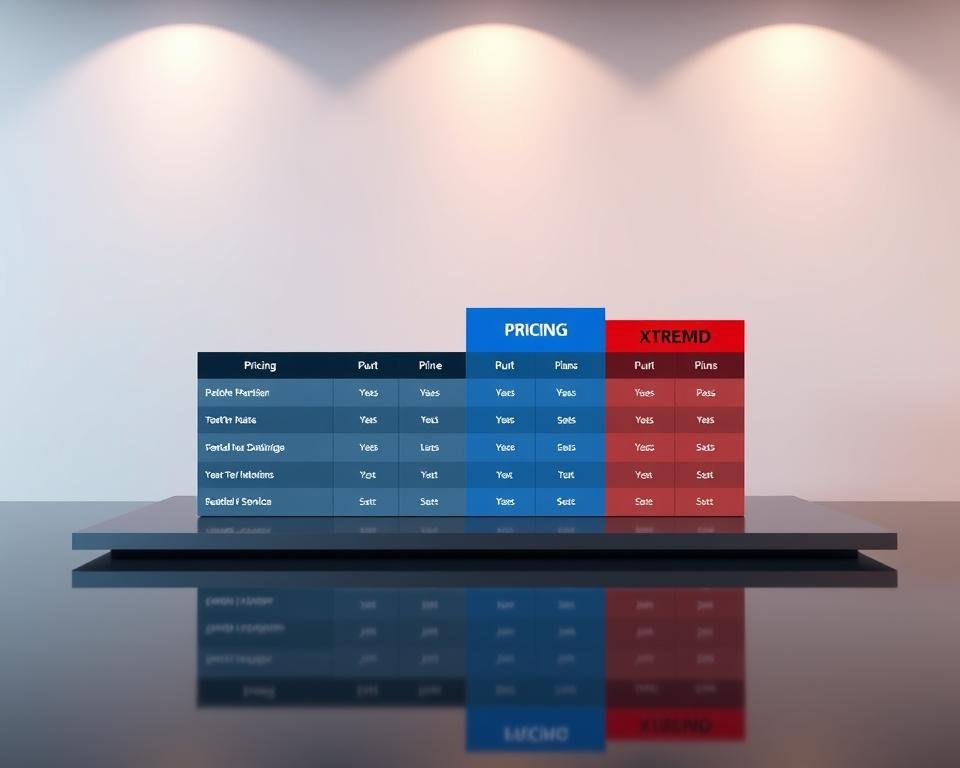 A sleek, modern-looking table display showcasing the pricing plans for Xtreme HD UK IPTV. The table is placed on a smooth, reflective surface, creating a sense of depth and sophistication. The plans are presented in a clear, organized manner, with bold headings and clean typography. The background is a soft, neutral color, allowing the table to be the focal point. Subtle lighting from above casts a warm, inviting glow on the display, emphasizing the premium quality and value of the IPTV service. The overall composition conveys a sense of professionalism, reliability, and attention to detail, perfectly matching the "Unbeatable Streaming" promise of the Xtreme HD UK IPTV service.