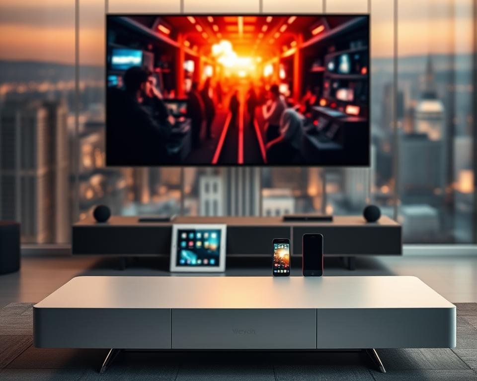 A sleek, modern media console sits in the foreground, its clean lines and minimalist design reflecting the elegant aesthetic of a high-end streaming service. Suspended above it, a large, high-definition display shows a vibrant, cinematic scene, immersing the viewer in a world of captivating entertainment. The middle ground features various streaming-enabled devices, such as a smart TV, a tablet, and a smartphone, each showcasing the seamless integration and accessibility of the service across multiple platforms. In the background, a softly blurred cityscape sets the scene, hinting at the global reach and expansive content library of the streaming platform. The lighting is warm and inviting, creating a cozy, immersive atmosphere that evokes the joy of unlimited entertainment at one's fingertips.