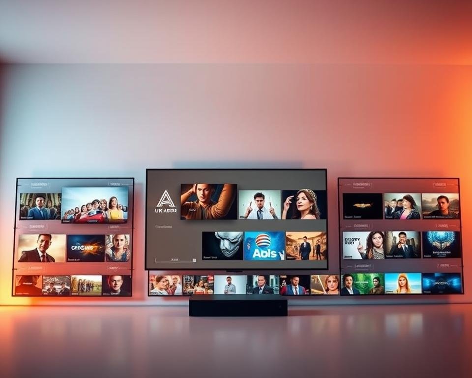 A sleek, modern media library showcasing a diverse selection of UK IPTV content. The foreground features a sophisticated, minimalist display with various video thumbnails and streaming platform icons. The middle ground presents a stylized grid layout, highlighting the breadth and depth of the available content. In the background, a soft, gradient-infused backdrop evokes a sense of quality and exclusivity. Warm, directional lighting illuminates the scene, creating depth and emphasizing the high-definition visuals. The overall composition conveys a sense of curation, accessibility, and the value of UK IPTV services. A sleek, modern media library showcasing a diverse selection of UK IPTV content. The foreground features a sophisticated, minimalist display with various video thumbnails and streaming platform icons. The middle ground presents a stylized grid layout, highlighting the breadth and depth of the available content. In the background, a soft, gradient-infused backdrop evokes a sense of quality and exclusivity. Warm, directional lighting illuminates the scene, creating depth and emphasizing the high-definition visuals. The overall composition conveys a sense of curation, accessibility, and the value of UK IPTV services.