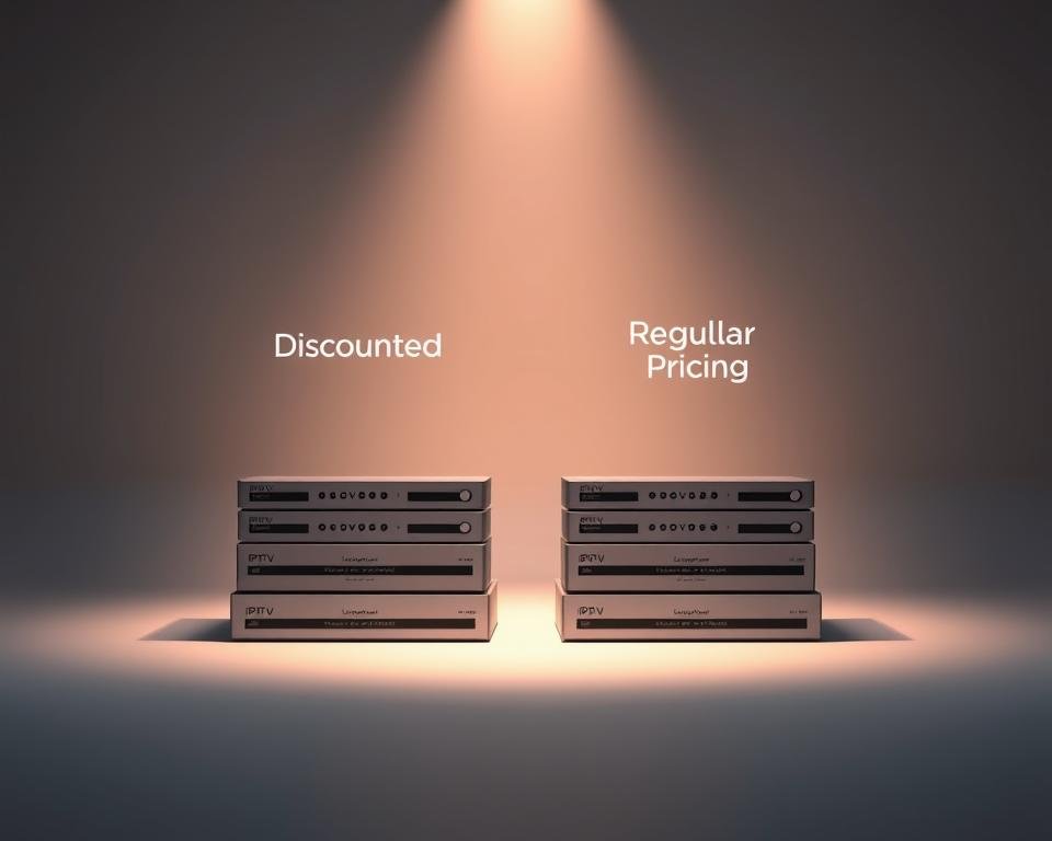A sleek, modern product comparison display featuring two stacks of IPTV subscription packages - one stack with a "Discounted" label, the other with "Regular Pricing". The discounted stack appears larger, highlighted by a soft, warm spotlight. The regular stack is slightly smaller and dimmer. The background is a clean, minimalist studio setting with a subtle gradient from light to dark, creating depth and a sense of high-end, premium presentation. The overall mood is one of value, savings, and an elevated, sophisticated visual experience.