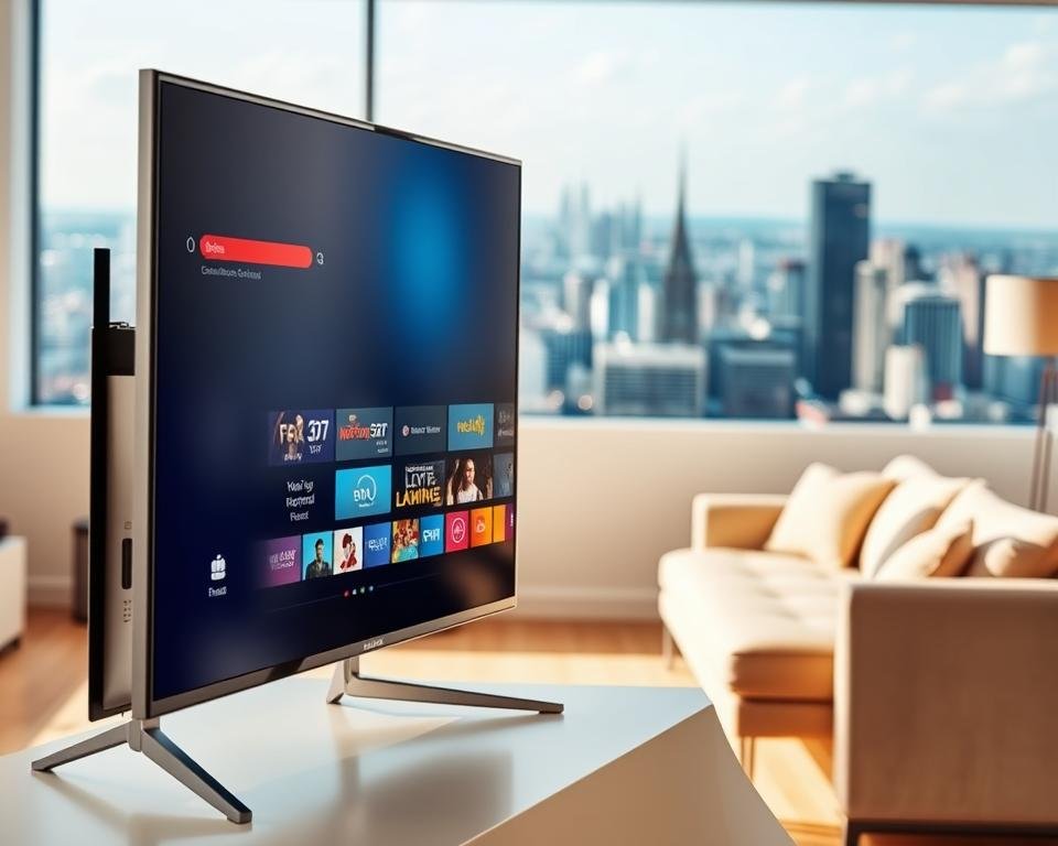 A sleek, modern television screen dominates the foreground, showcasing the user interface of a top IPTV provider in the UK. The screen displays a crisp, high-definition menu with various channels, on-demand content, and feature icons. In the middle ground, a minimalist living room setting provides context, with a comfortable couch and a few subtle decorative elements. The background features a panoramic view of a vibrant, bustling city skyline, hinting at the wide range of content and entertainment available through the IPTV service. The overall scene is lit by warm, natural lighting, creating a welcoming and inviting atmosphere. The composition emphasizes the seamless integration of technology and lifestyle, highlighting the convenience and versatility of the top IPTV provider in the UK. A sleek, modern television screen dominates the foreground, showcasing the user interface of a top IPTV provider in the UK. The screen displays a crisp, high-definition menu with various channels, on-demand content, and feature icons. In the middle ground, a minimalist living room setting provides context, with a comfortable couch and a few subtle decorative elements. The background features a panoramic view of a vibrant, bustling city skyline, hinting at the wide range of content and entertainment available through the IPTV service. The overall scene is lit by warm, natural lighting, creating a welcoming and inviting atmosphere. The composition emphasizes the seamless integration of technology and lifestyle, highlighting the convenience and versatility of the top IPTV provider in the UK.