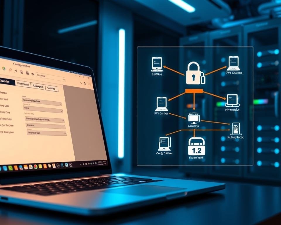 A sleek, modern workspace with a focus on cybersecurity. The foreground features a laptop displaying an IPTV configuration interface, the screen illuminated by a soft, warm glow. In the middle ground, a network diagram showcases the secure architecture of an IPTV system, with color-coded connections and icons representing firewalls, VPNs, and other security measures. The background depicts a dimly lit server room, with racks of networking equipment and a subtle blue ambient lighting creating a professional, technological atmosphere. The overall scene conveys a sense of control, diligence, and the importance of safeguarding an IPTV service. A sleek, modern workspace with a focus on cybersecurity. The foreground features a laptop displaying an IPTV configuration interface, the screen illuminated by a soft, warm glow. In the middle ground, a network diagram showcases the secure architecture of an IPTV system, with color-coded connections and icons representing firewalls, VPNs, and other security measures. The background depicts a dimly lit server room, with racks of networking equipment and a subtle blue ambient lighting creating a professional, technological atmosphere. The overall scene conveys a sense of control, diligence, and the importance of safeguarding an IPTV service.