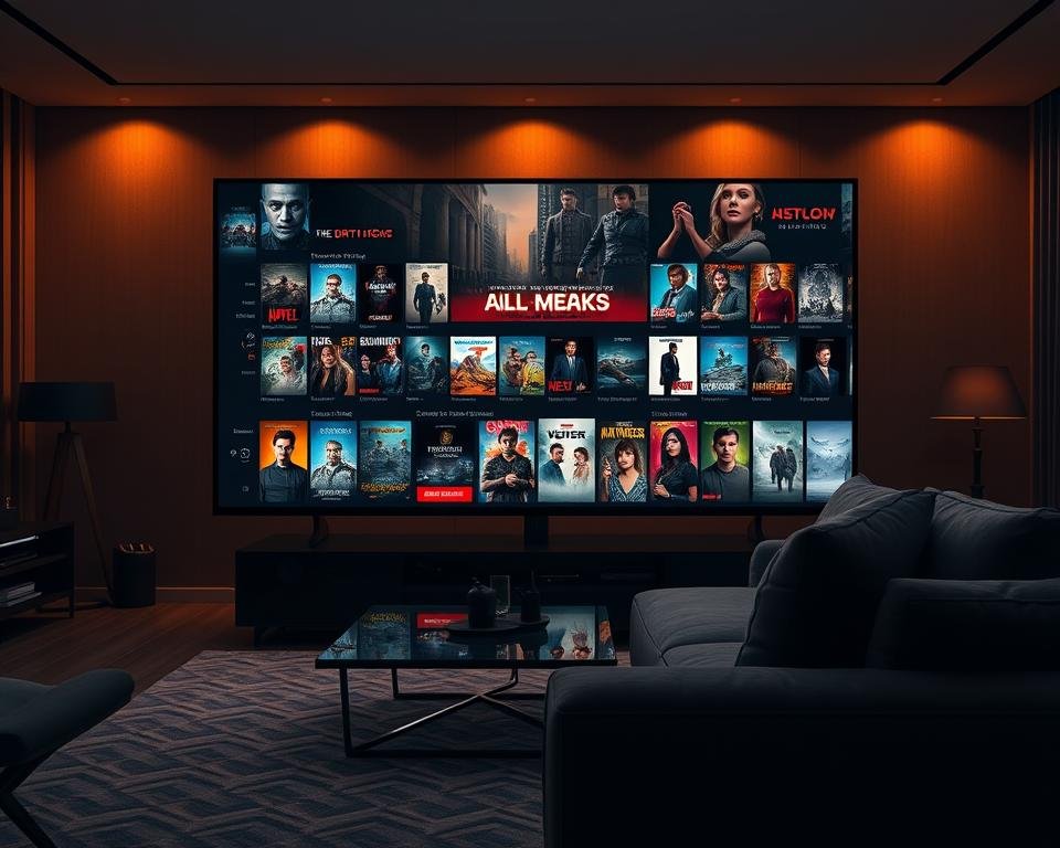 A sophisticated, ultramodern IPTV interface showcasing a vast selection of movies and TV series, creating an immersive entertainment experience for UK viewers. The sleek, minimalist design features high-resolution movie posters and series thumbnails, displayed against a backdrop of a dimly lit, stylish living room setting. Warm, ambient lighting casts a cozy glow, while a plush, comfortable sofa invites viewers to sit back and enjoy unparalleled streaming quality. The interface is intuitively designed, with intuitive navigation and personalized recommendations, catering to the diverse tastes of UK-based entertainment enthusiasts.