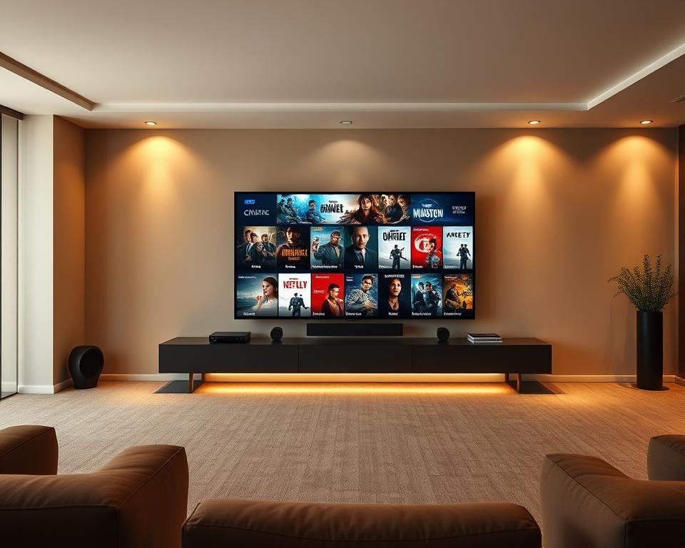 A spacious, modern home media center with a sleek, minimalist design. In the foreground, a large, high-resolution TV screen displays a diverse collection of movie and TV show thumbnails, showcasing the depth and breadth of the IPTV content library. The middle ground features a minimalist, floating entertainment system with clean lines and a dark, brushed metal finish, housing various media components. The background is a warm, softly lit room with neutral-toned walls, creating a cozy, inviting atmosphere for entertainment and relaxation. The lighting is soft and indirect, creating a subtle, cinematic mood. The entire scene conveys a sense of high-quality, premium IPTV services catered to discerning movie and TV enthusiasts.