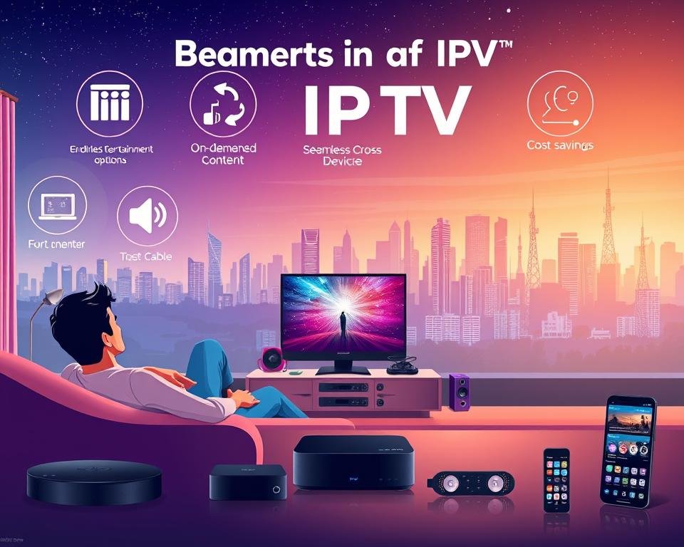 A striking digital illustration depicting the benefits of IPTV. In the foreground, a person relaxing on a comfortable couch, engrossed in a TV show on a high-definition screen. Surrounding them, vibrant icons symbolizing IPTV's key advantages: endless entertainment options, on-demand content, seamless cross-device compatibility, and cost savings compared to traditional cable. The middle ground features a sleek, modern media center setup, with various streaming devices and a smartphone displaying IPTV app interfaces. In the background, a cityscape with skyscrapers and communication towers, representing the advanced internet infrastructure powering IPTV technology. The overall scene conveys the convenience, flexibility, and future-forward nature of IPTV as an entertainment solution. A striking digital illustration depicting the benefits of IPTV. In the foreground, a person relaxing on a comfortable couch, engrossed in a TV show on a high-definition screen. Surrounding them, vibrant icons symbolizing IPTV's key advantages: endless entertainment options, on-demand content, seamless cross-device compatibility, and cost savings compared to traditional cable. The middle ground features a sleek, modern media center setup, with various streaming devices and a smartphone displaying IPTV app interfaces. In the background, a cityscape with skyscrapers and communication towers, representing the advanced internet infrastructure powering IPTV technology. The overall scene conveys the convenience, flexibility, and future-forward nature of IPTV as an entertainment solution.