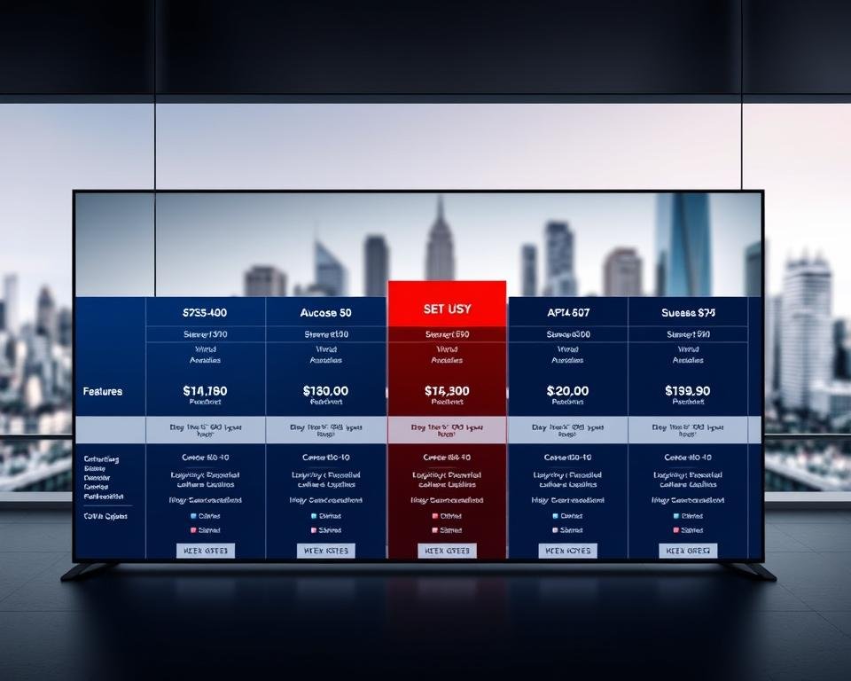 A striking high-definition IPTV subscription plan display showcased against a sleek, modern backdrop. In the foreground, a clean and organized grid of subscription tiers, each with its own distinct pricing, features, and visual identifier. The middle ground features subtle gradient patterns and geometric shapes, adding depth and visual interest. The background is a soft, blurred cityscape, creating a sense of urban sophistication. The lighting is crisp and directional, casting subtle shadows and highlights that accentuate the plan details. The overall mood is one of professionalism, clarity, and premium quality, befitting the Xtreme HD IPTV brand and its subscription offerings.