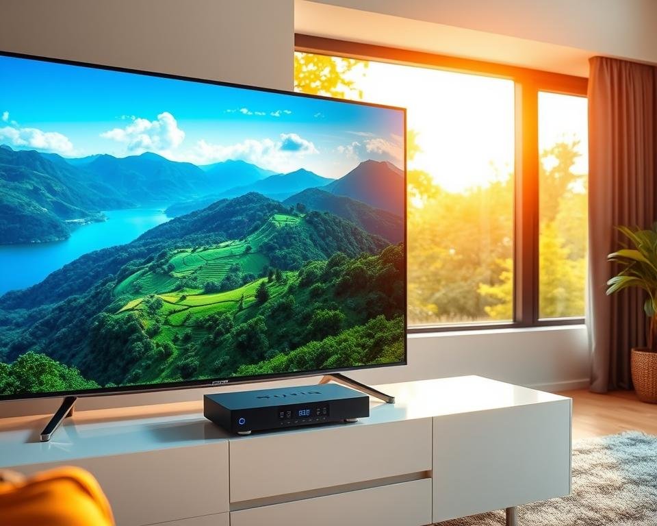 A stunning 4K UK IPTV display showcasing crystal-clear video quality and seamless streaming performance. In the foreground, a sleek smart TV screen showcases a vibrant nature documentary, the lush greens and deep blues of the landscape rendered in exceptional detail. In the middle ground, a high-end streaming device sits atop a minimalist entertainment unit, its elegant design complementing the modern living room setting. The background features a large window, letting in warm, golden sunlight that bathes the scene in a soft, cinematic glow. The overall atmosphere exudes a sense of technological sophistication and immersive entertainment, setting the stage for an unparalleled viewing experience. A stunning 4K UK IPTV display showcasing crystal-clear video quality and seamless streaming performance. In the foreground, a sleek smart TV screen showcases a vibrant nature documentary, the lush greens and deep blues of the landscape rendered in exceptional detail. In the middle ground, a high-end streaming device sits atop a minimalist entertainment unit, its elegant design complementing the modern living room setting. The background features a large window, letting in warm, golden sunlight that bathes the scene in a soft, cinematic glow. The overall atmosphere exudes a sense of technological sophistication and immersive entertainment, setting the stage for an unparalleled viewing experience.