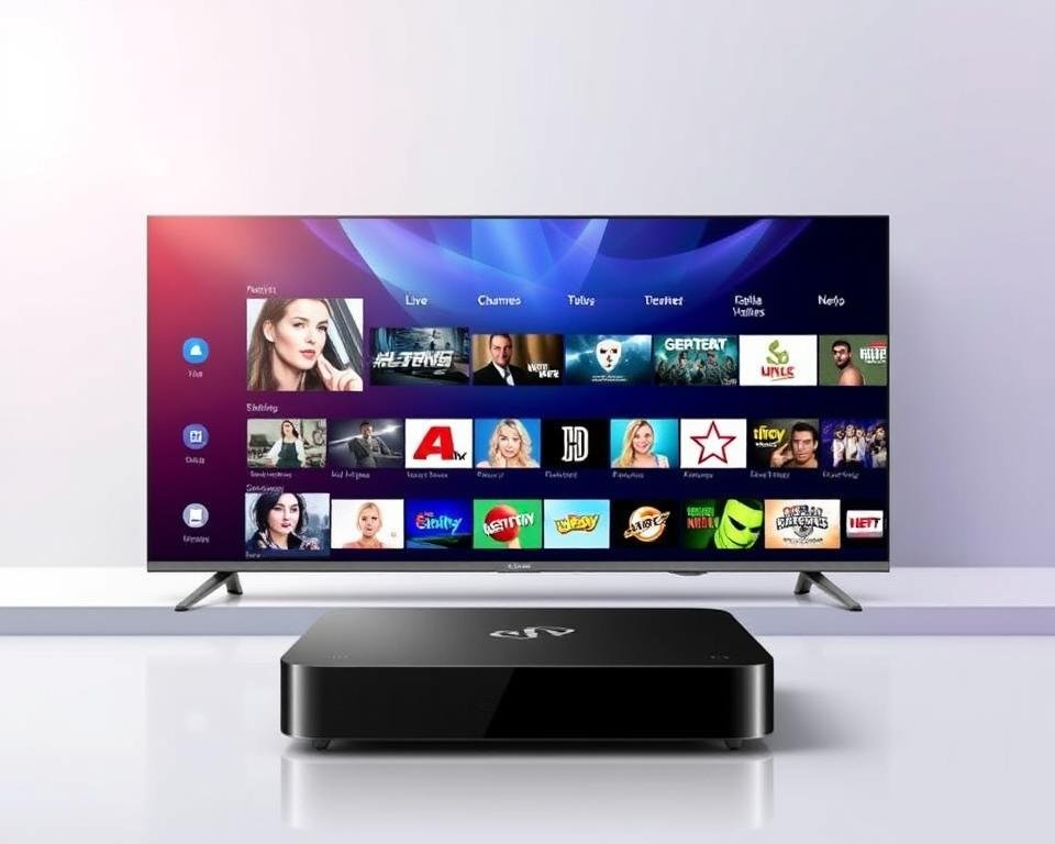 A stunning and vibrant image depicting the best IPTV service UK, showcasing its key features and benefits. Set against a sleek, modern backdrop, the foreground features a high-quality IPTV device, its sleek design and intuitive interface prominently displayed. The middle ground showcases a diverse array of live TV channels, on-demand content, and seamless streaming capabilities, all rendered in stunning detail. The background exudes a sense of professionalism and reliability, with subtle branding elements and a clean, minimalist aesthetic. The overall composition conveys the ease, convenience, and superior quality of this IPTV provider, perfectly capturing the "Pros of This IPTV Provider with Free Trial" for the article's readers. A stunning and vibrant image depicting the best IPTV service UK, showcasing its key features and benefits. Set against a sleek, modern backdrop, the foreground features a high-quality IPTV device, its sleek design and intuitive interface prominently displayed. The middle ground showcases a diverse array of live TV channels, on-demand content, and seamless streaming capabilities, all rendered in stunning detail. The background exudes a sense of professionalism and reliability, with subtle branding elements and a clean, minimalist aesthetic. The overall composition conveys the ease, convenience, and superior quality of this IPTV provider, perfectly capturing the "Pros of This IPTV Provider with Free Trial" for the article's readers.