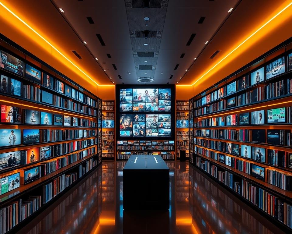 A vast, illuminated media library showcasing an extensive collection of high-definition IPTV content. The foreground features rows of sleek, glossy shelves filled with a diverse array of digital media, while the middle ground displays large, crystal-clear screens showcasing a variety of programming. The background is bathed in a warm, ambient lighting, creating a welcoming and immersive atmosphere. The overall composition conveys a sense of sophistication, technological advancement, and an unparalleled depth of entertainment options available to the viewer. A vast, illuminated media library showcasing an extensive collection of high-definition IPTV content. The foreground features rows of sleek, glossy shelves filled with a diverse array of digital media, while the middle ground displays large, crystal-clear screens showcasing a variety of programming. The background is bathed in a warm, ambient lighting, creating a welcoming and immersive atmosphere. The overall composition conveys a sense of sophistication, technological advancement, and an unparalleled depth of entertainment options available to the viewer.