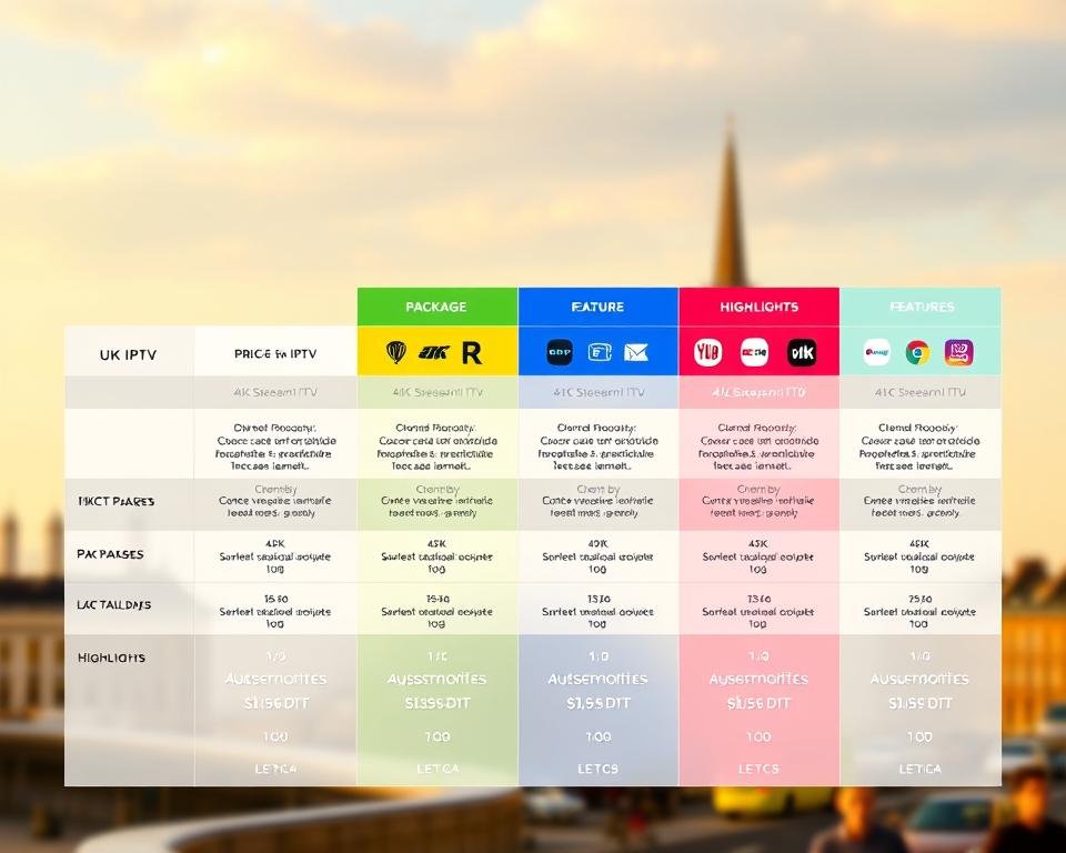 A vibrant and informative grid layout showcasing the various UK IPTV subscription plans. In the foreground, a clean and minimalist table displays the pricing tiers, package details, and feature highlights in a visually appealing manner. The middle ground features icons and graphics that convey the key benefits of each plan, such as 4K streaming, simultaneous device support, and channel selections. The background has a soft, blurred cityscape of London, hinting at the wide range of local and international content available through the IPTV service. The overall scene is bathed in warm, natural lighting, creating a sense of professionalism and trustworthiness. The layout is balanced, the typography is clear and legible, and the color palette is consistent with the brand's visual identity.