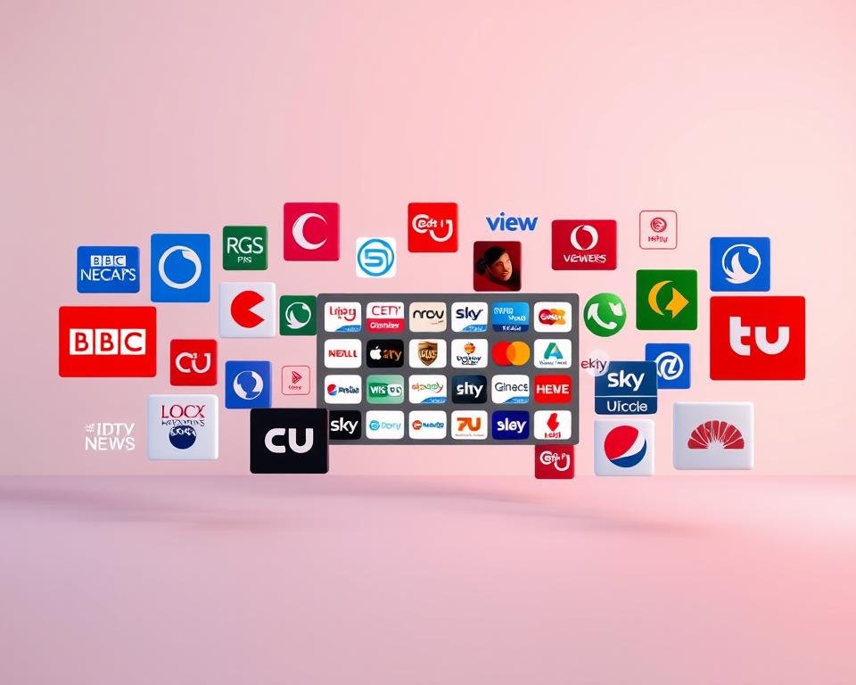 A vibrant array of UK IPTV channel logos float in a sleek, minimalist 3D space. The foreground features a diverse selection of popular channels, including BBC, ITV, Channel 4, and Sky News, each with a distinct and recognizable emblem. The middle ground showcases a grid of additional channel icons, representing the breadth of content available on premium IPTV platforms. In the background, a subtle gradient backdrop adds depth and a sense of high-end digital sophistication. The lighting is soft and diffused, creating a clean, professional aesthetic. The camera angle is slightly elevated, giving the viewer a comprehensive overview of the channel lineup, conveying the comprehensive nature of the premium IPTV offering. A vibrant array of UK IPTV channel logos float in a sleek, minimalist 3D space. The foreground features a diverse selection of popular channels, including BBC, ITV, Channel 4, and Sky News, each with a distinct and recognizable emblem. The middle ground showcases a grid of additional channel icons, representing the breadth of content available on premium IPTV platforms. In the background, a subtle gradient backdrop adds depth and a sense of high-end digital sophistication. The lighting is soft and diffused, creating a clean, professional aesthetic. The camera angle is slightly elevated, giving the viewer a comprehensive overview of the channel lineup, conveying the comprehensive nature of the premium IPTV offering.