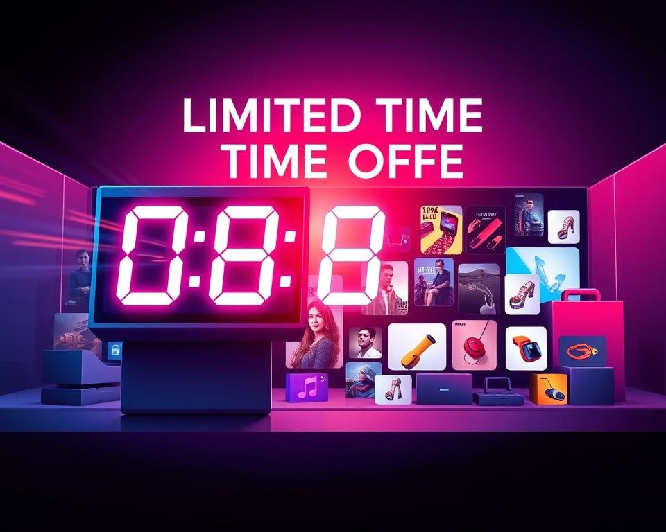 A vibrant, dynamic illustration of a "limited time offer" promotion. In the foreground, a striking countdown timer, its digital display pulsing with a sense of urgency. The numbers race against the clock, emphasizing the limited window of opportunity. In the middle ground, an array of enticing product images, strategically arranged to draw the viewer's attention. The lighting is dramatic, casting shadows and highlights that add depth and dimension. In the background, a sleek, minimalist design aesthetic, with clean lines and a bold color palette that evokes a sense of exclusivity and premium quality. The overall mood is one of excitement and anticipation, conveying the message that this offer is a rare and valuable opportunity that must be seized before it's too late.