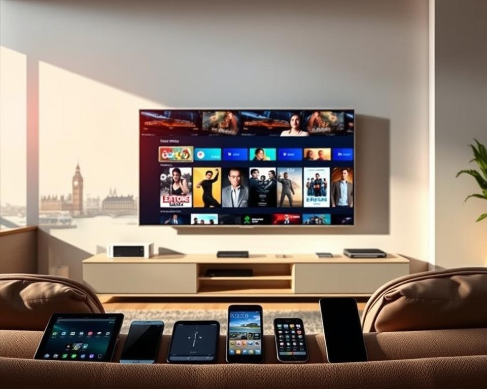 A vibrant, dynamic scene showcasing the allure of free IPTV UK demo services. In the foreground, a sleek, modern television set displays an array of captivating streaming content, inviting viewers to explore the boundless entertainment possibilities. Surrounding the TV, a minimalist living room setting with clean lines and warm, natural lighting creates an inviting ambiance. In the middle ground, a range of smart devices, from smartphones to tablets, hint at the seamless integration of these free IPTV services across multiple platforms. The background features a cityscape of iconic London landmarks, suggesting the accessible, nationwide coverage of these free demo services. The overall atmosphere conveys a sense of freedom, convenience, and limitless entertainment, perfectly capturing the essence of the "Ultimate Guide to Free Demo IPTV UK Services". A vibrant, dynamic scene showcasing the allure of free IPTV UK demo services. In the foreground, a sleek, modern television set displays an array of captivating streaming content, inviting viewers to explore the boundless entertainment possibilities. Surrounding the TV, a minimalist living room setting with clean lines and warm, natural lighting creates an inviting ambiance. In the middle ground, a range of smart devices, from smartphones to tablets, hint at the seamless integration of these free IPTV services across multiple platforms. The background features a cityscape of iconic London landmarks, suggesting the accessible, nationwide coverage of these free demo services. The overall atmosphere conveys a sense of freedom, convenience, and limitless entertainment, perfectly capturing the essence of the "Ultimate Guide to Free Demo IPTV UK Services".