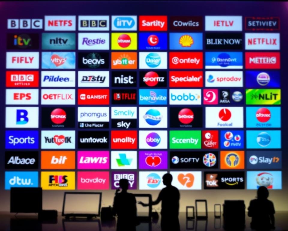 A vibrant grid of high-definition UK television channel logos and icons, presented against a soft, blurred background. The foreground showcases a diverse selection of popular channels, including BBC, ITV, Channel 4, Sky Sports, and other leading entertainment, news, and specialty networks. The middle ground features silhouettes of television sets, tablets, and mobile devices, hinting at the range of devices compatible with the IPTV service. The background is bathed in a warm, inviting glow, suggesting the accessibility and convenience of the IPTV platform. The overall composition conveys the comprehensive channel selection and versatility of the IPTV offering.