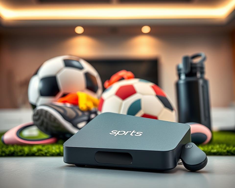A vibrant, high-definition photograph of a sports subscription service in the UK. In the foreground, a sleek, modern device, such as a streaming box or smart TV remote, prominently displaying the IPTV service's logo and branding. Behind it, a collection of sports-themed items - a soccer ball, a pair of running shoes, and a water bottle - arranged artfully. The background features a clean, minimalist interior design, with neutral-toned walls and subtle lighting, creating a sense of sophistication and professionalism. The overall composition conveys the idea of a premium, high-quality sports entertainment service that caters to the needs of UK-based sports enthusiasts.