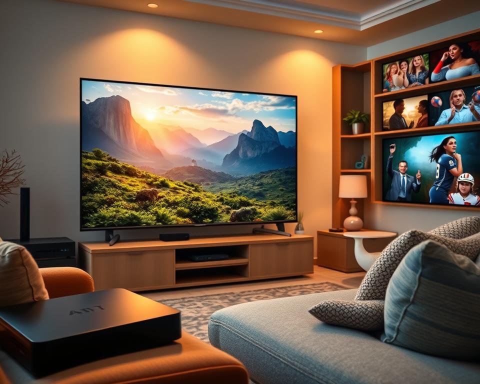 A vibrant, high-definition scene depicting a diverse array of popular IPTV content. In the foreground, a large, flatscreen television displays a captivating nature documentary, its lush landscapes and majestic wildlife rendered in vivid detail. Surrounding the TV, an assortment of streaming devices, including a sleek set-top box and a modern smartphone, suggest the versatility of the IPTV experience. The middle ground features a cozy living room setting, with plush furnishings and warm lighting creating a relaxed, inviting atmosphere. In the background, glimpses of other engaging content, such as a thrilling sports match and a gripping drama series, hint at the breadth of programming available through the IPTV trial. The overall composition conveys the rich, immersive entertainment offered by the IPTV service. A vibrant, high-definition scene depicting a diverse array of popular IPTV content. In the foreground, a large, flatscreen television displays a captivating nature documentary, its lush landscapes and majestic wildlife rendered in vivid detail. Surrounding the TV, an assortment of streaming devices, including a sleek set-top box and a modern smartphone, suggest the versatility of the IPTV experience. The middle ground features a cozy living room setting, with plush furnishings and warm lighting creating a relaxed, inviting atmosphere. In the background, glimpses of other engaging content, such as a thrilling sports match and a gripping drama series, hint at the breadth of programming available through the IPTV trial. The overall composition conveys the rich, immersive entertainment offered by the IPTV service.