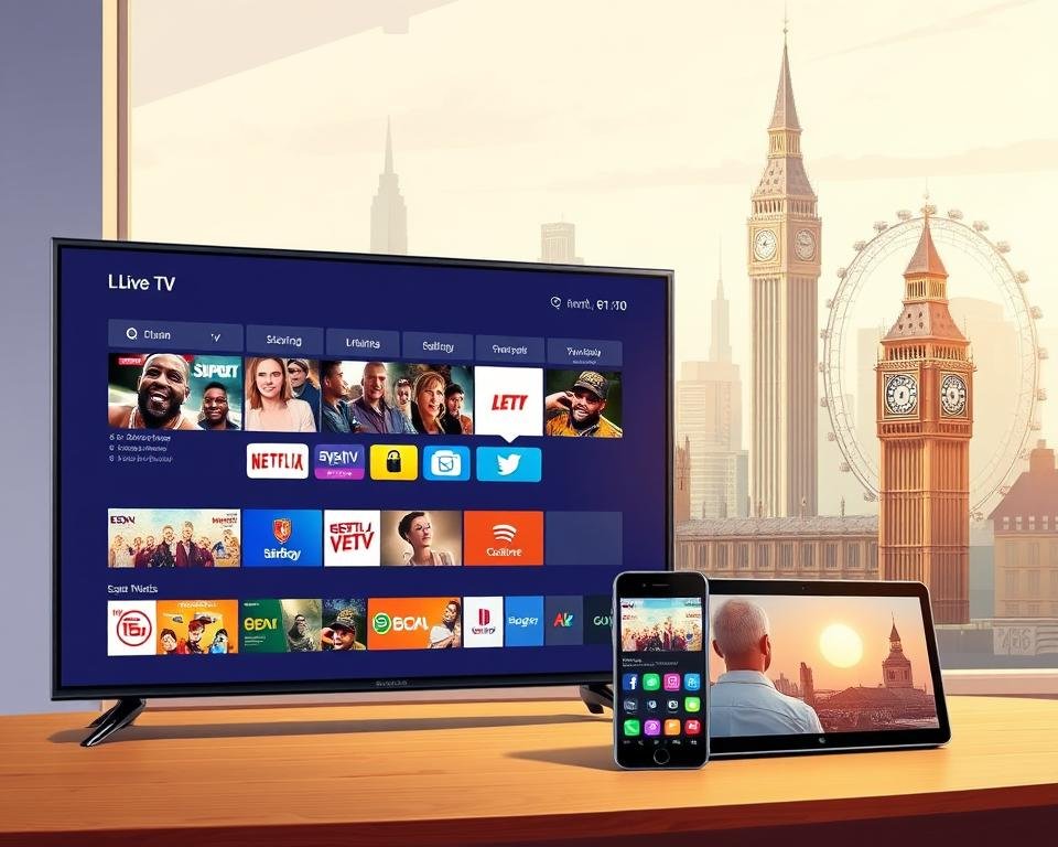 A vibrant, high-quality digital illustration depicting the benefits of a free IPTV test line in the UK. The foreground showcases a sleek, modern Smart TV displaying a range of live TV channels, streaming services, and on-demand content, reflecting the diverse entertainment options available with a free IPTV trial. The middle ground features a smartphone and tablet, symbolizing the flexibility and accessibility of free IPTV across multiple devices. In the background, a cityscape of London landmarks, such as the iconic Big Ben and the London Eye, creates a sense of place and emphasizes the UK-specific nature of the free IPTV trial. The lighting is crisp and natural, with warm hues adding to the inviting atmosphere. The overall composition conveys the convenience, entertainment value, and universal appeal of a free IPTV test line in the UK.