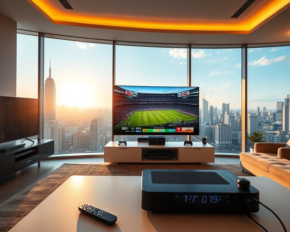A vibrant sports IPTV setup in a sleek, modern living room. In the foreground, a high-end IPTV streaming device sits atop a minimalist entertainment console, surrounded by remote controls and gaming peripherals. The middle ground features a large, curved 4K OLED TV displaying a live sports broadcast, its screen illuminated by warm, directional lighting. In the background, floor-to-ceiling windows offer a panoramic view of a bustling city skyline, with the sun casting a golden glow over the entire scene. The overall atmosphere conveys a sense of high-tech sophistication and the thrill of live sports entertainment.