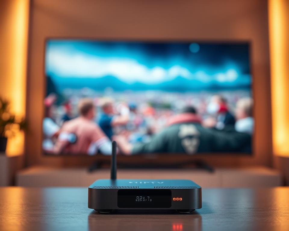 A vibrant, ultra-high-definition IPTV streaming experience. A large, widescreen display showcases smooth, crystal-clear video playback with minimal pixelation or lag. The image is bathed in warm, soft lighting, creating a cozy, cinematic ambiance. In the foreground, a sleek, modern streaming device is prominently featured, its minimalist design and glowing status lights conveying a sense of cutting-edge technology. The background blurs into a hazy, out-of-focus scene, drawing the viewer's attention to the captivating on-screen content. The overall composition radiates a sense of effortless, high-quality entertainment, perfectly capturing the essence of a superior IPTV streaming experience. A vibrant, ultra-high-definition IPTV streaming experience. A large, widescreen display showcases smooth, crystal-clear video playback with minimal pixelation or lag. The image is bathed in warm, soft lighting, creating a cozy, cinematic ambiance. In the foreground, a sleek, modern streaming device is prominently featured, its minimalist design and glowing status lights conveying a sense of cutting-edge technology. The background blurs into a hazy, out-of-focus scene, drawing the viewer's attention to the captivating on-screen content. The overall composition radiates a sense of effortless, high-quality entertainment, perfectly capturing the essence of a superior IPTV streaming experience.