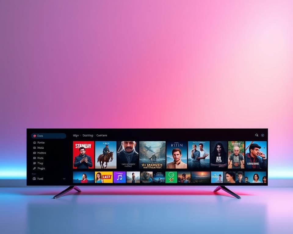 A vibrant, user-friendly streaming services interface set against a sleek, modern backdrop. The foreground features a clean, minimalist design with intuitive navigation menus, showcasing a diverse selection of content categories. The middle ground highlights crisp, high-quality thumbnails of popular movies, shows, and documentaries, inviting the user to explore. In the background, a subtle gradient creates a sense of depth and sophistication, complemented by gentle ambient lighting that sets a welcoming, immersive tone. The overall composition conveys a seamless, responsive, and visually striking digital entertainment experience.