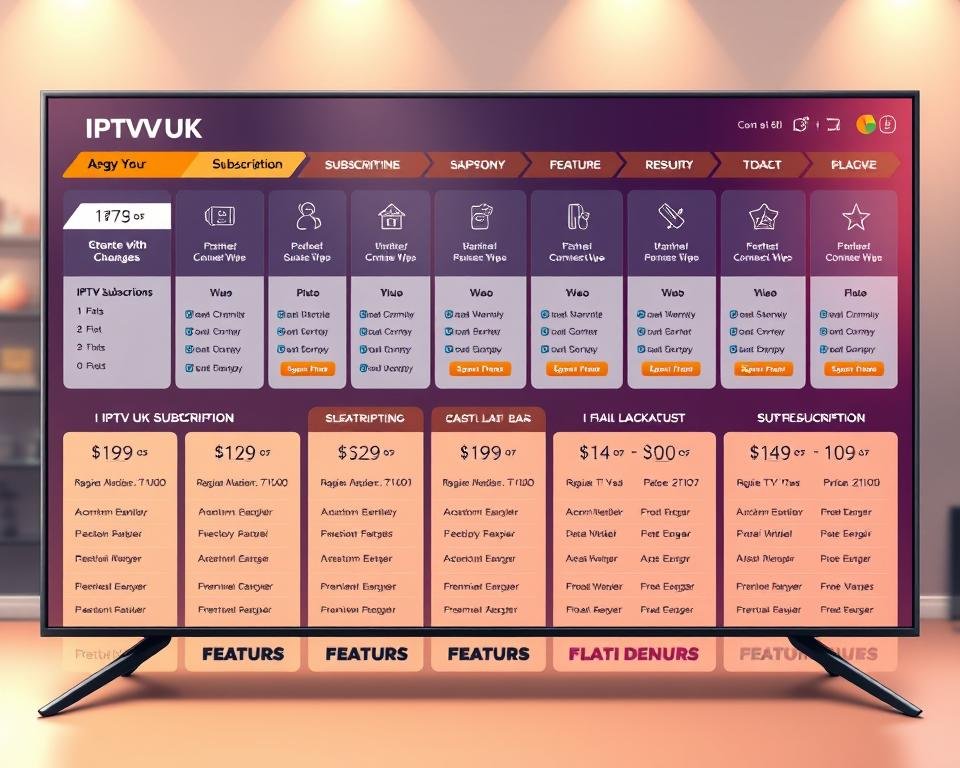A visually striking digital illustration showcasing the comprehensive IPTV UK subscription packages. Crisp, clean user interface design with a sleek and modern aesthetic. Prominently featured are several subscription tiers and plan options, each with clear pricing, channel lineups, and feature details. The composition uses a balanced, grid-like layout to convey the breadth of offerings in an organized manner. Subtle use of brand colors and minimalist iconography enhances the overall professional and trustworthy impression. A warm, indirect lighting creates depth and highlights key information, while a soft, blurred background maintains focus on the central subscription details. A visually striking digital illustration showcasing the comprehensive IPTV UK subscription packages. Crisp, clean user interface design with a sleek and modern aesthetic. Prominently featured are several subscription tiers and plan options, each with clear pricing, channel lineups, and feature details. The composition uses a balanced, grid-like layout to convey the breadth of offerings in an organized manner. Subtle use of brand colors and minimalist iconography enhances the overall professional and trustworthy impression. A warm, indirect lighting creates depth and highlights key information, while a soft, blurred background maintains focus on the central subscription details.