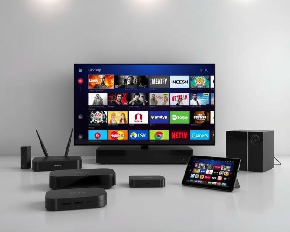 A visually striking image of "UK IPTV Service Highlights" showcasing an array of modern devices against a sleek, minimalist backdrop. In the foreground, a high-end smart TV takes center stage, its screen displaying a vibrant, curated selection of live TV channels and on-demand content. Surrounding it, a neatly arranged collection of devices, including a state-of-the-art streaming box, a powerful router, and a user-friendly remote control, all in a harmonious color palette of blacks, grays, and metallic accents. The middle ground features a tablet or smartphone, showcasing the intuitive user interface and easy access to a vast library of entertainment options. The background is a clean, uncluttered space, with subtle lighting that accentuates the sleek, modern aesthetic and conveys a sense of sophistication and convenience. The overall composition should evoke a feeling of effortless accessibility to a comprehensive, premium IPTV service. A visually striking image of "UK IPTV Service Highlights" showcasing an array of modern devices against a sleek, minimalist backdrop. In the foreground, a high-end smart TV takes center stage, its screen displaying a vibrant, curated selection of live TV channels and on-demand content. Surrounding it, a neatly arranged collection of devices, including a state-of-the-art streaming box, a powerful router, and a user-friendly remote control, all in a harmonious color palette of blacks, grays, and metallic accents. The middle ground features a tablet or smartphone, showcasing the intuitive user interface and easy access to a vast library of entertainment options. The background is a clean, uncluttered space, with subtle lighting that accentuates the sleek, modern aesthetic and conveys a sense of sophistication and convenience. The overall composition should evoke a feeling of effortless accessibility to a comprehensive, premium IPTV service.