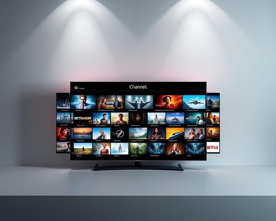 A visually striking image of an IPTV channel selection interface. Set against a sleek, minimalist background, the screen displays a grid of high-definition channel thumbnails, each showcasing vibrant, cinematic content. Subtle lighting accentuates the depth and texture of the interface, creating a sense of elegance and professionalism. The layout is intuitive and user-friendly, with clean typography and seamless navigation controls, inviting the viewer to explore the expansive content library. Overall, the image conveys a premium, cutting-edge IPTV experience that aligns with the "Xtreme HD IPTV UK" brand.