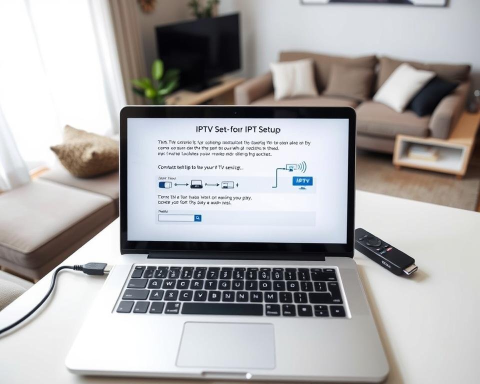 A well-lit, high-angle view of an IPTV setup process. In the foreground, a laptop or tablet screen displays step-by-step instructions for connecting an IPTV service. The middle ground shows various cables, adapters, and a streaming device like a Roku or Android TV box. The background features a cozy, modern living room setting with a comfortable sofa and minimal decor, conveying a sense of ease and simplicity. The overall atmosphere is one of clarity, guidance, and accessibility, reflecting the straightforward nature of the IPTV subscription setup. A well-lit, high-angle view of an IPTV setup process. In the foreground, a laptop or tablet screen displays step-by-step instructions for connecting an IPTV service. The middle ground shows various cables, adapters, and a streaming device like a Roku or Android TV box. The background features a cozy, modern living room setting with a comfortable sofa and minimal decor, conveying a sense of ease and simplicity. The overall atmosphere is one of clarity, guidance, and accessibility, reflecting the straightforward nature of the IPTV subscription setup.